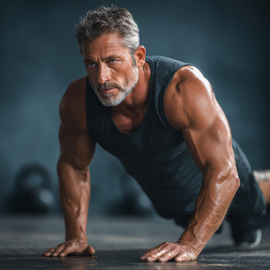Active middle-aged man demonstrating strength and flexibility during workout session